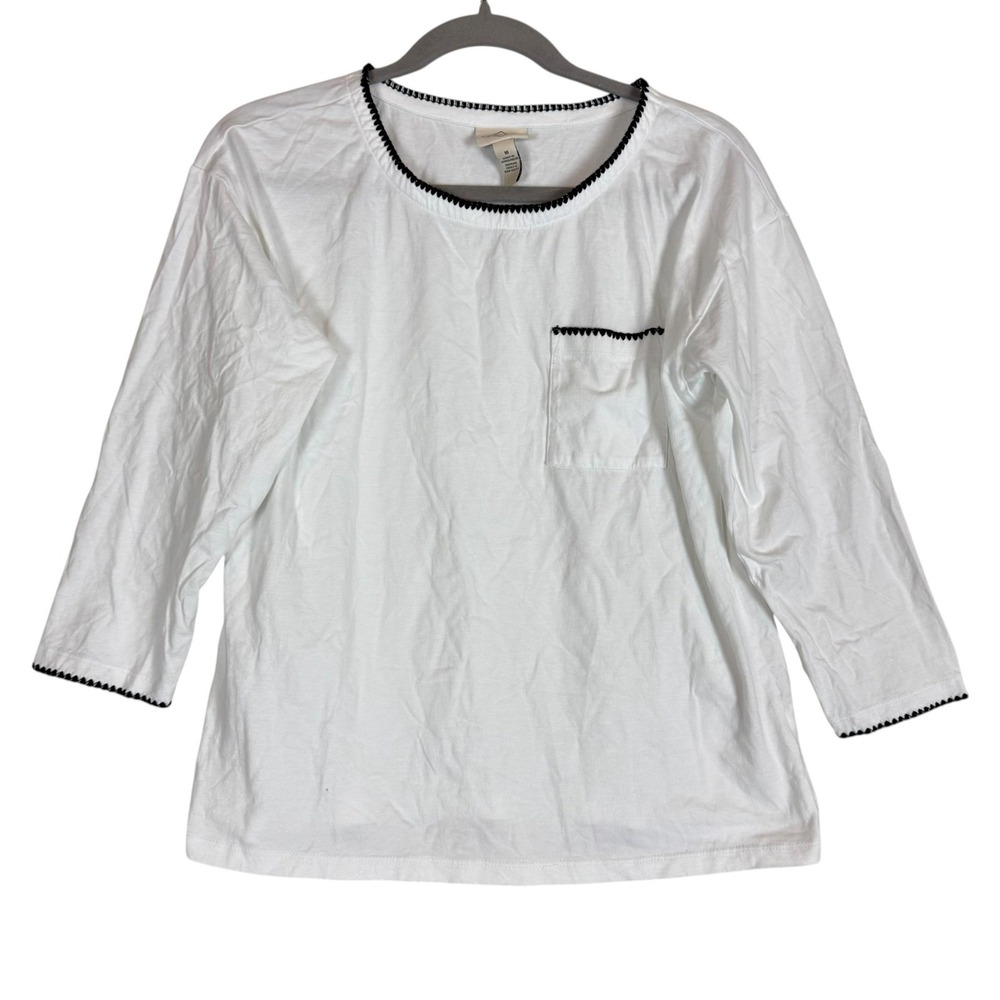 St. John's Bay Shirt Womens Medium White Crochet Trim 3/4 Sleeve Pocket Top